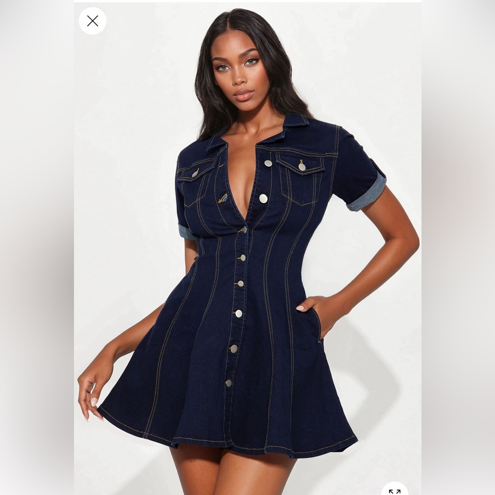 Dark Blue Denim Button-Front Fit & Flare Dress
